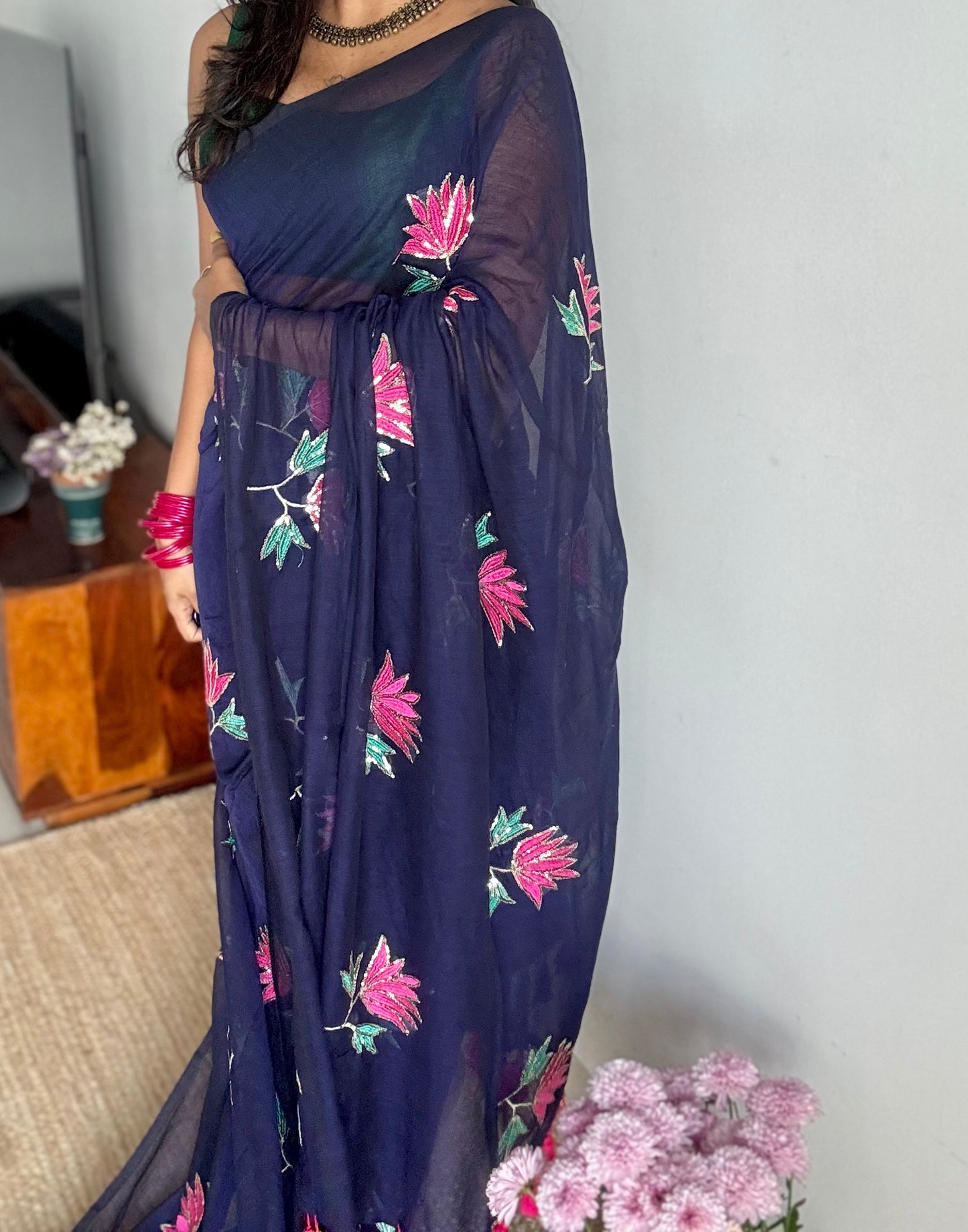 Dark blue mul with lotus sequin embroidery - YCBCMCNO66