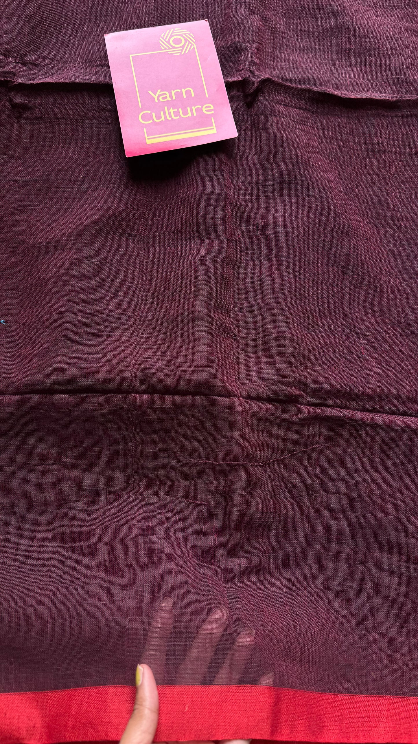 Maroon plain linen by cotton saree with copper zari pallu - YCBCLCFE398