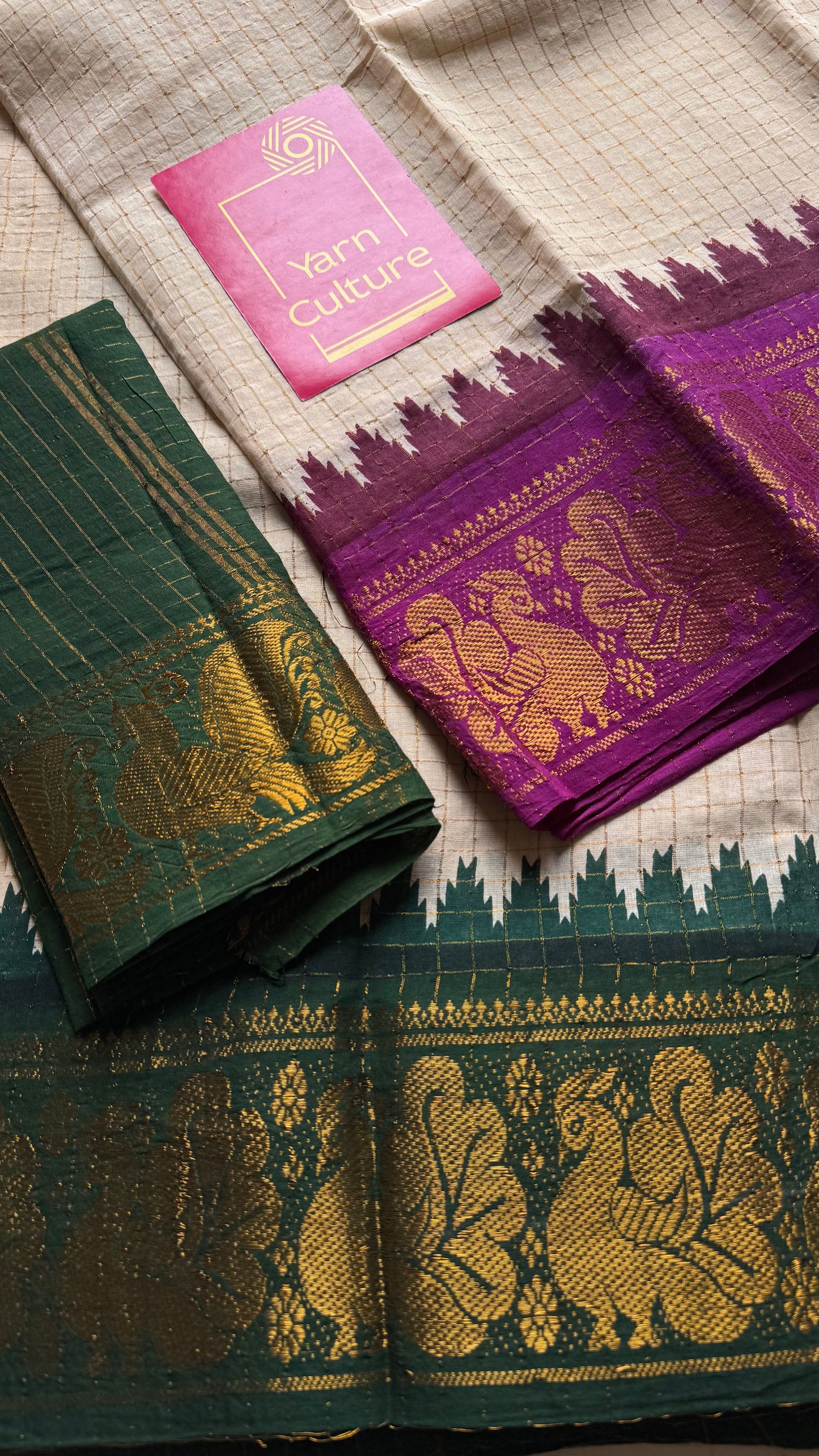 Sungudi cotton checks, ivory gold base, magenta and dark green dual tone border, soft cotton - YCCOTNMSJUL07