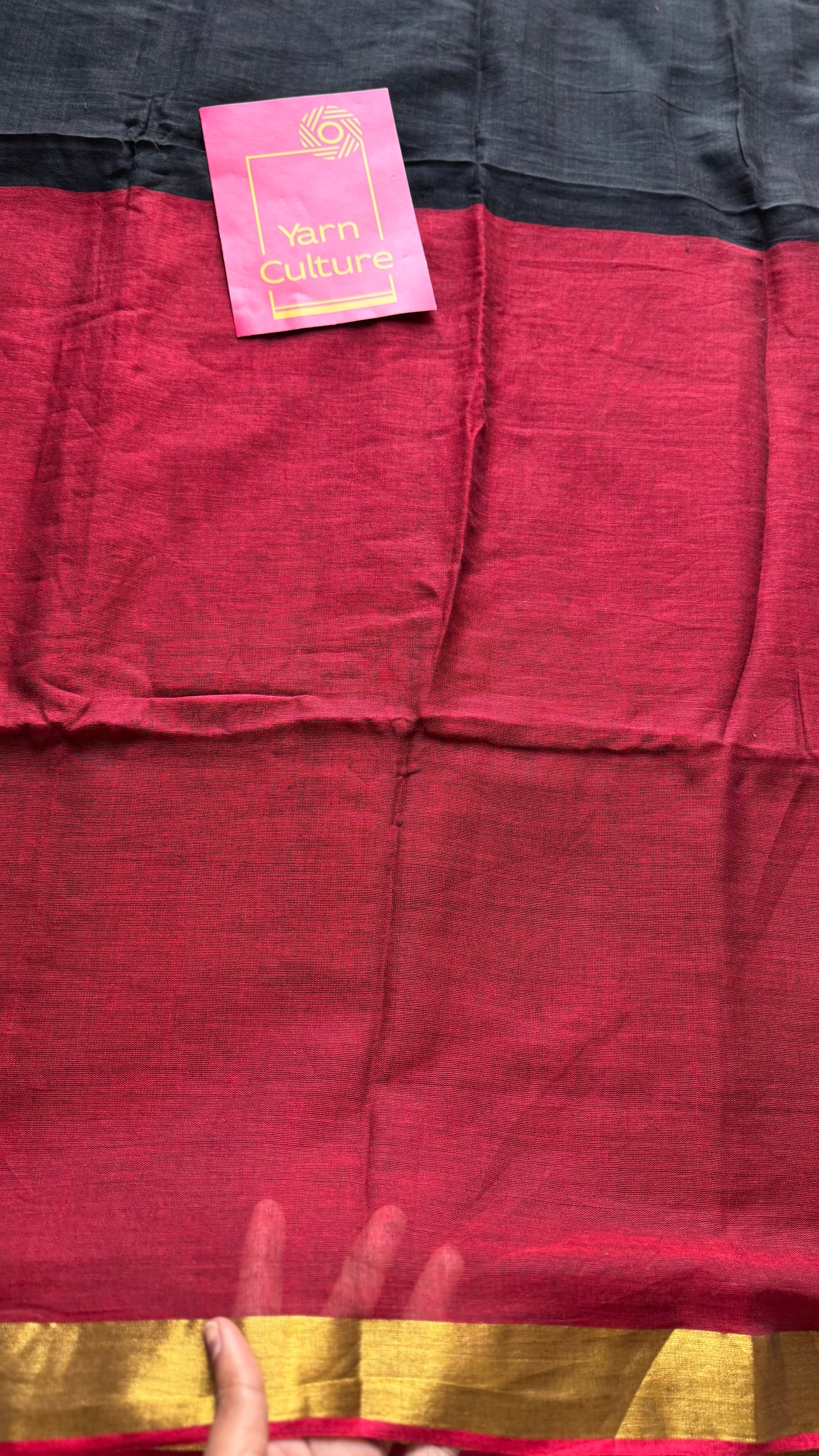 Black with dark red half-half patterned mul with zari border - YCBCMCNO77