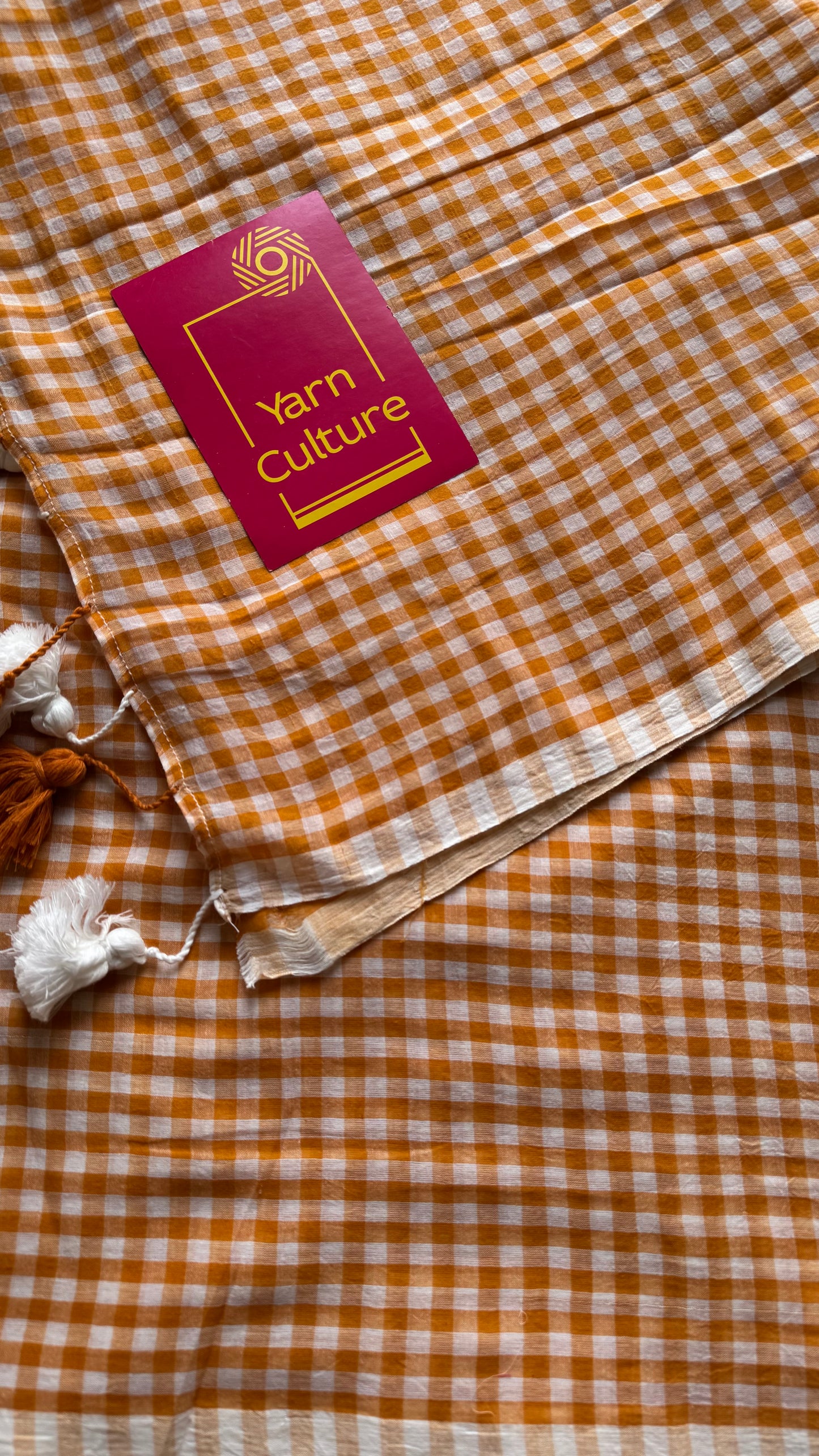 Light orange and white checkered mul cotton saree  - YCBCMCCMA26