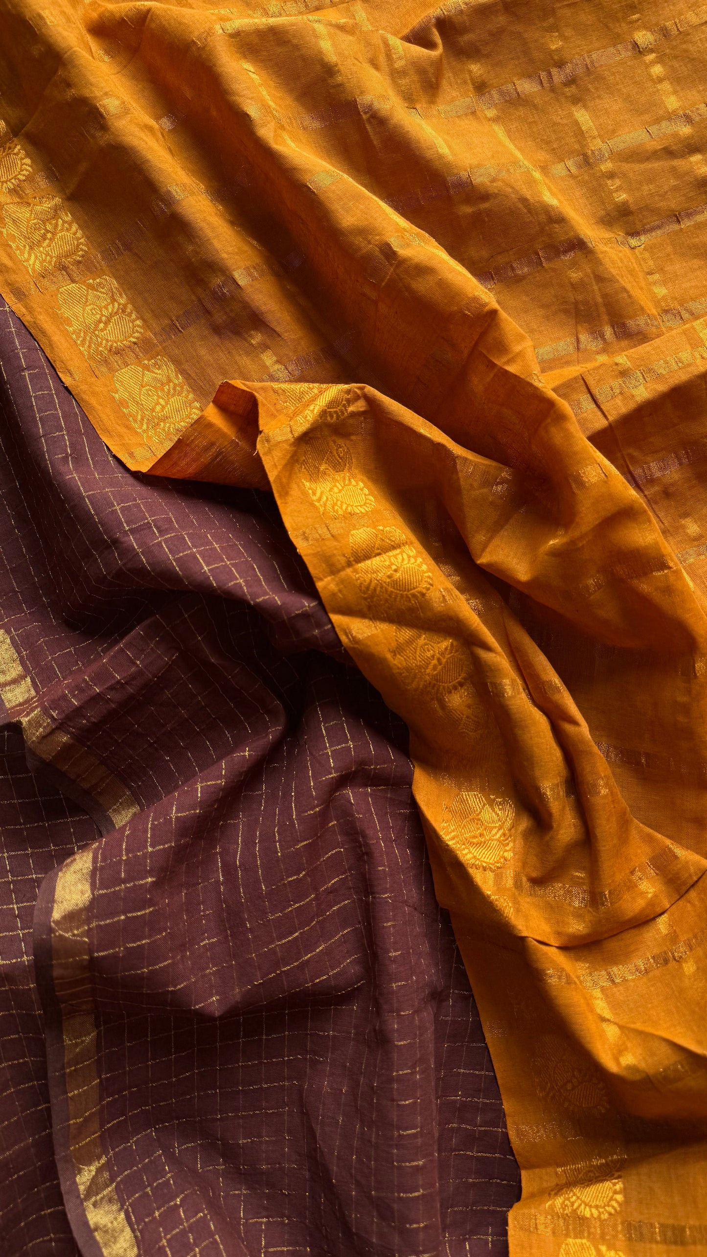Turmeric yellow with brown, sungudi cotton half-half saree - YCCOTNIDMA314