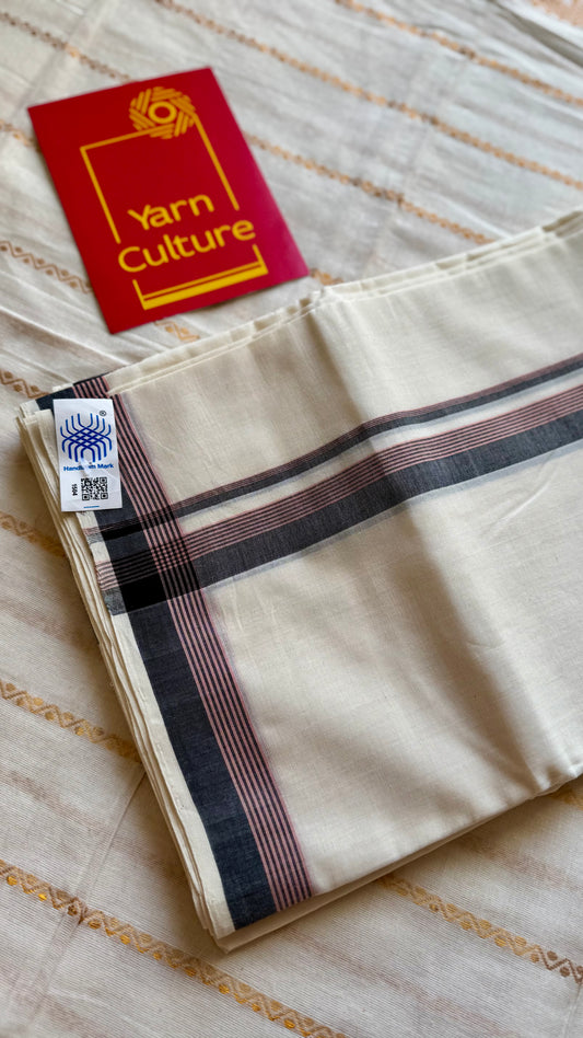 Ivory Chendamangalam Handloom Double Mundu with Black & Pink Striped Kara | Soft Cotton Men's Dhoti - YCMSEIE169