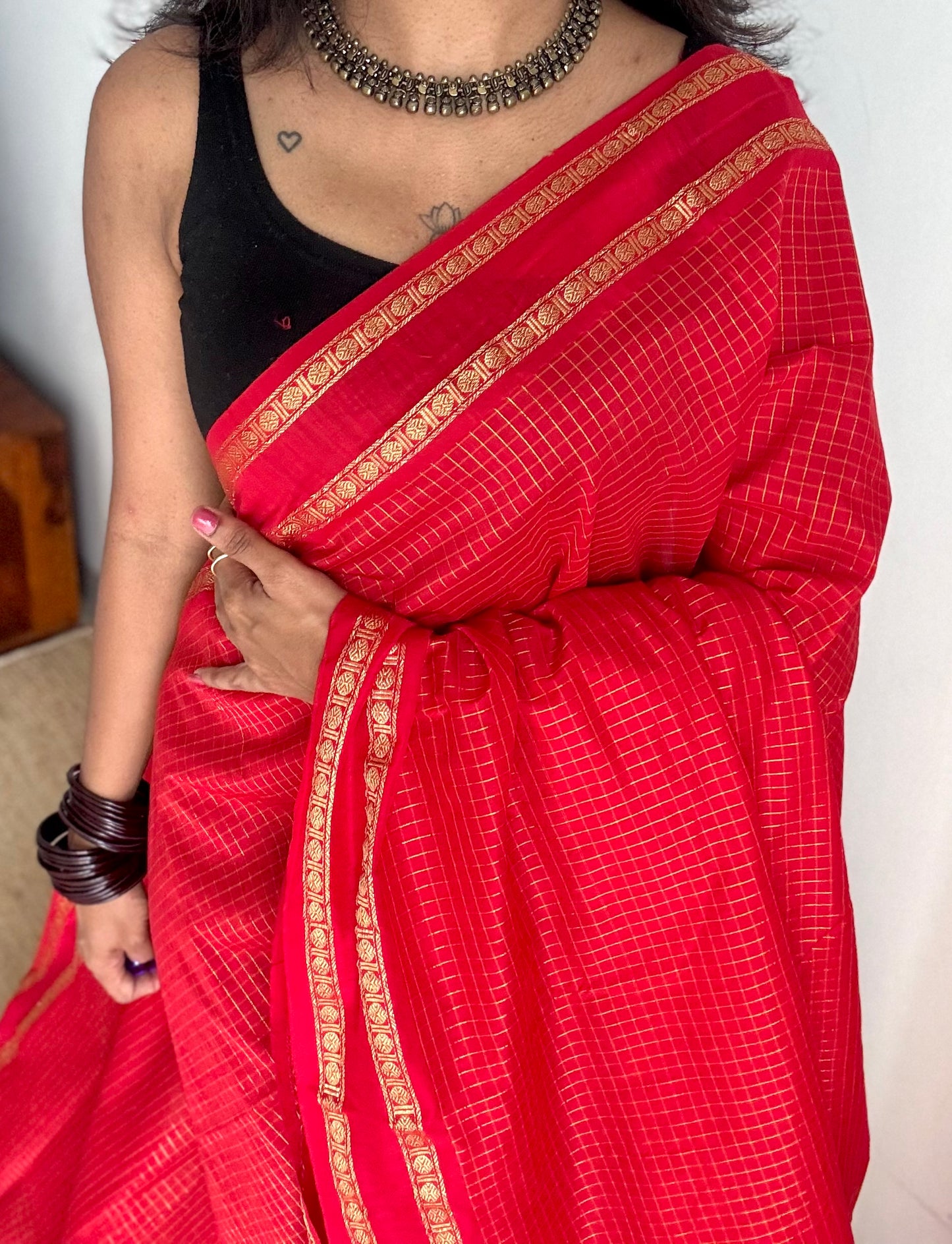 Chilli Red, arani zari checks, cotton silk - YCCOTNJUAR18