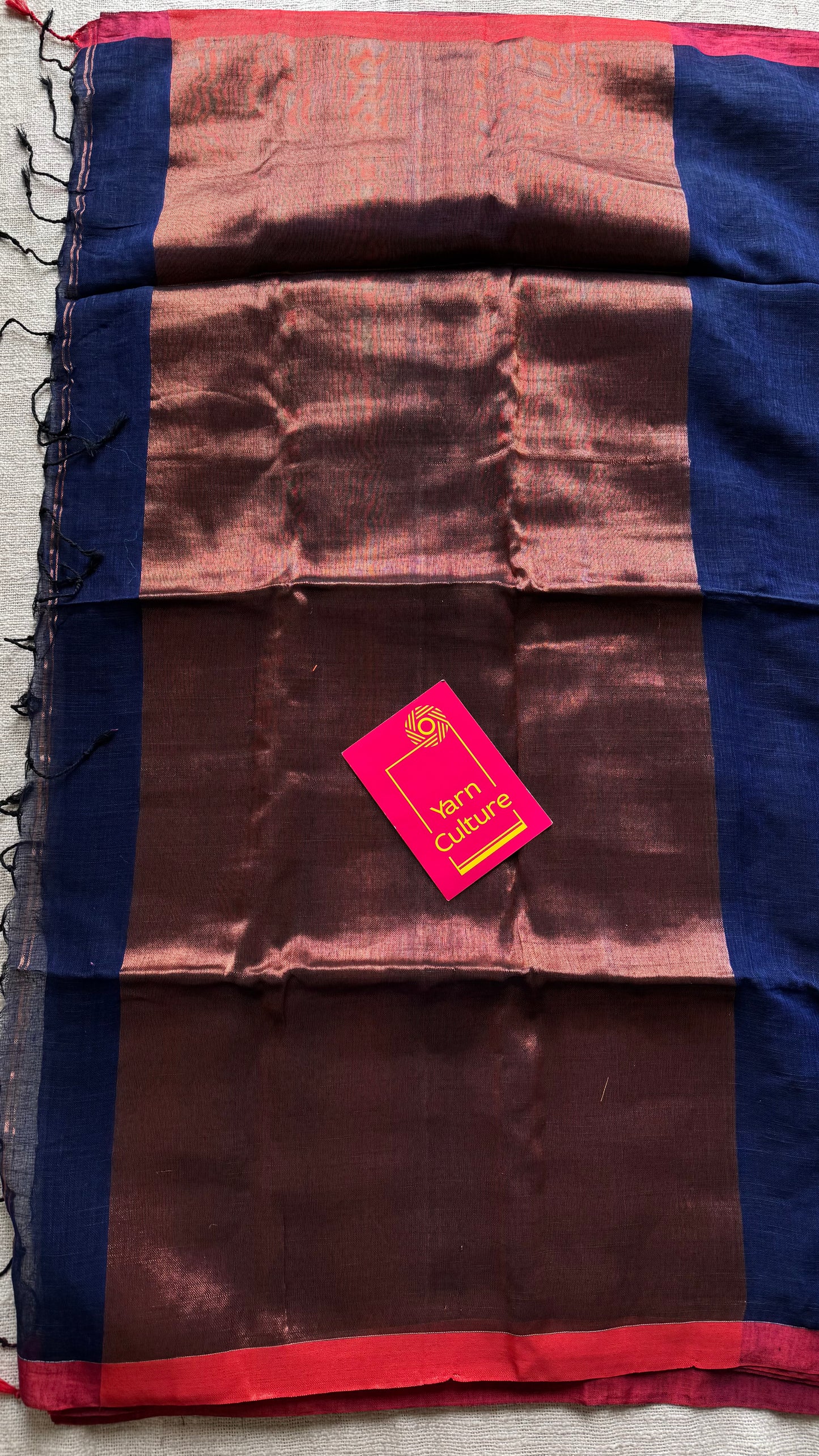 Dark blue plain linen by cotton saree with copper zari pallu - YCBCLCFE395