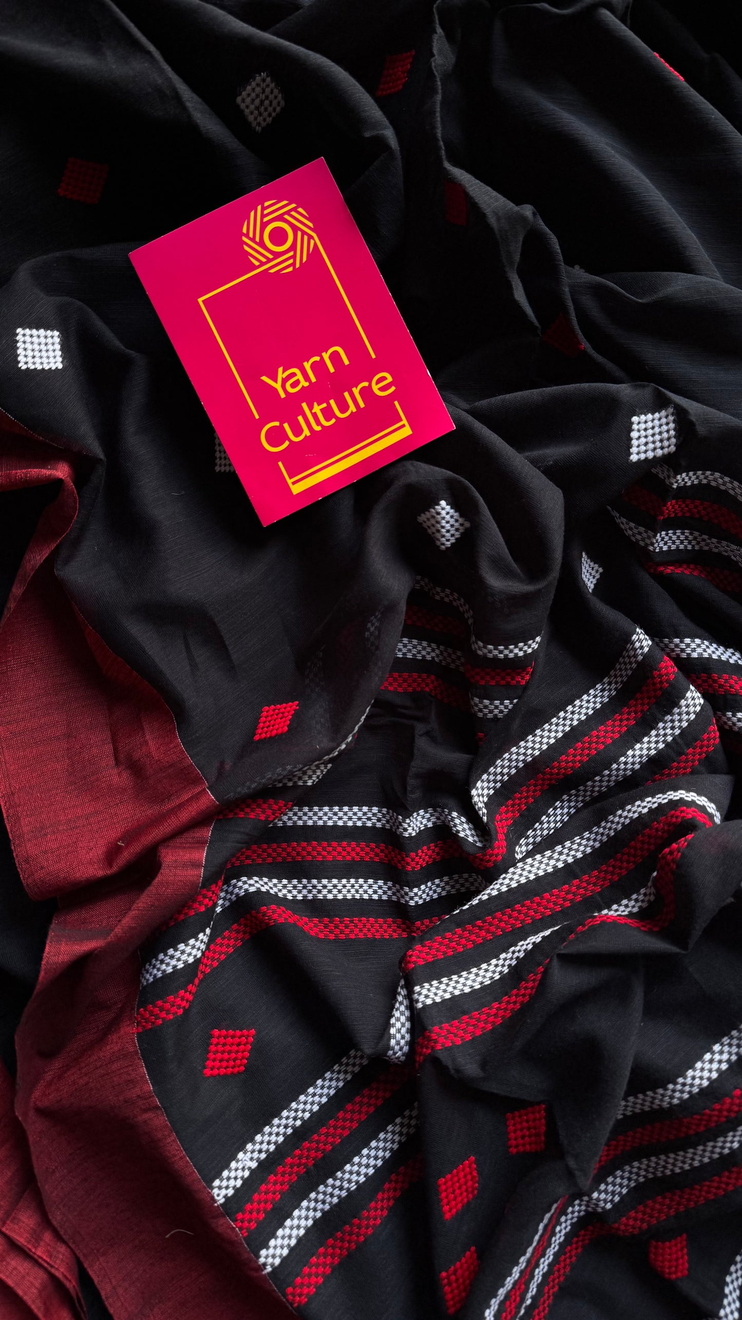 Black with red, soft khadi cotton with woven motifs - YCBCKCDE25