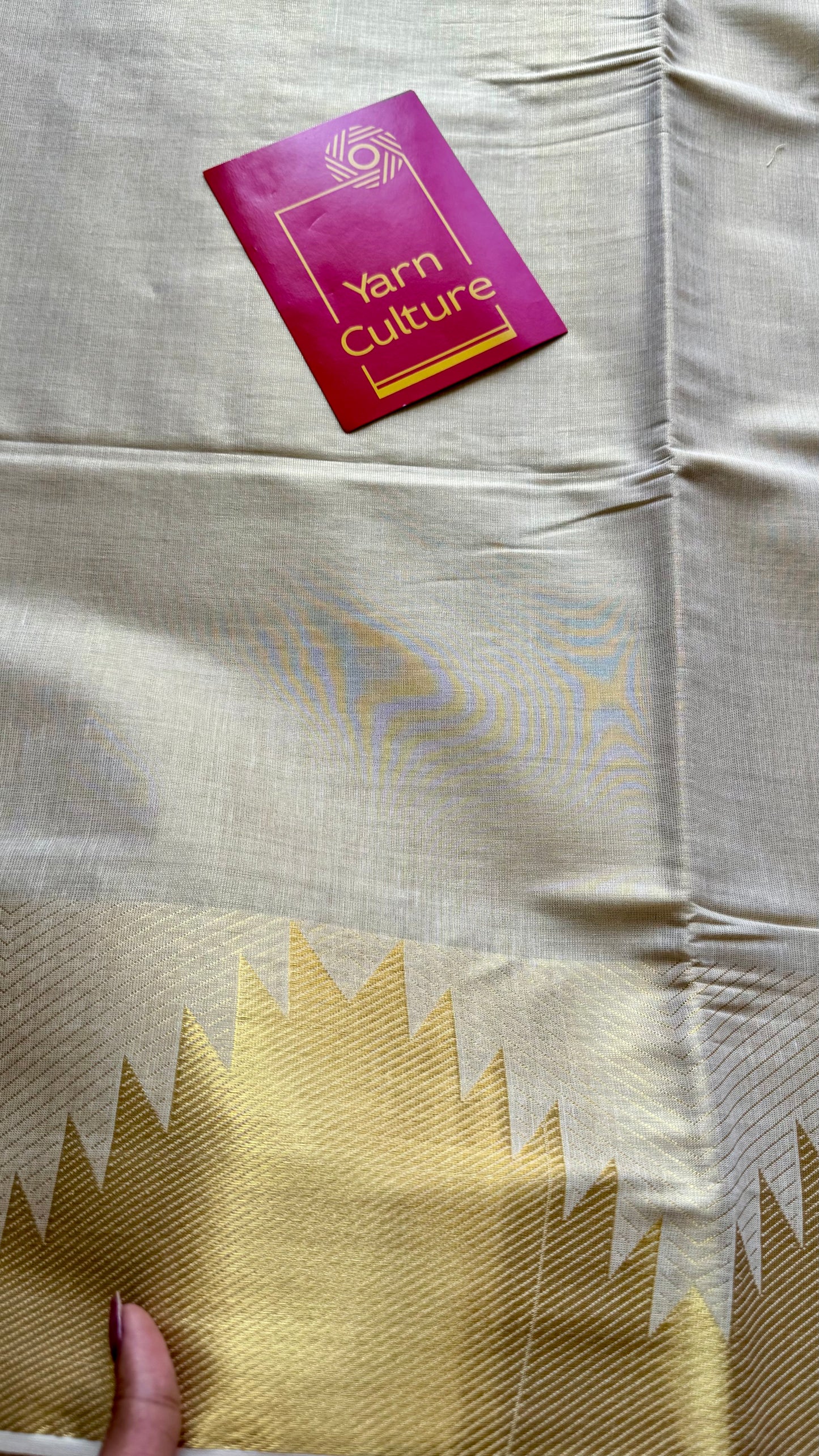 Ivory and gold soft tissue cotton saree, temple motif border - YCIEON81