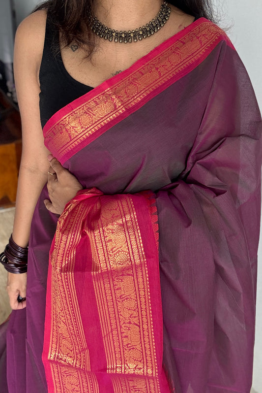 Grape Wine with Hot Pink Contrast - Chettinad Cotton