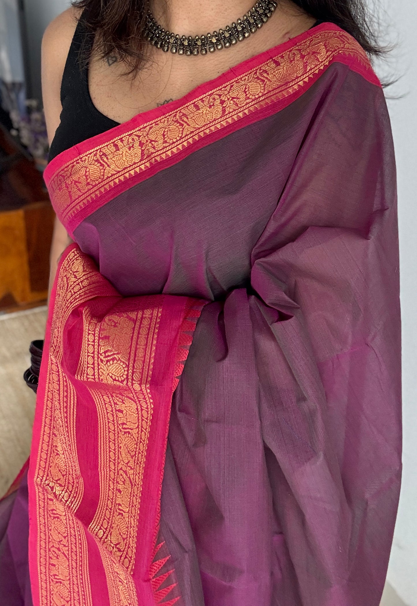 Grape Wine with Hot Pink Contrast - Chettinad Cotton