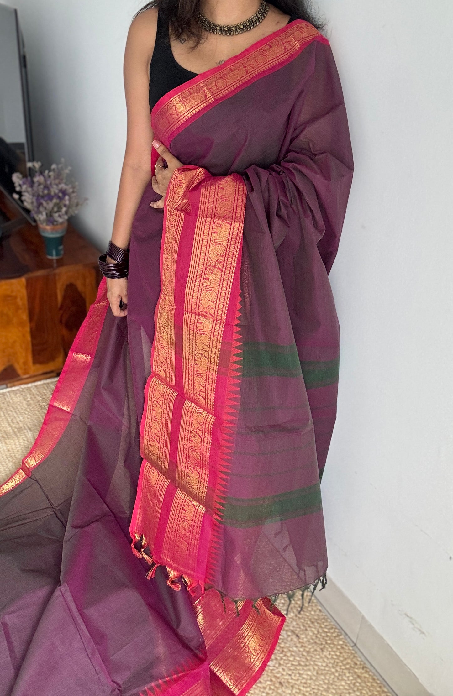 Grape Wine with Hot Pink Contrast - Chettinad Cotton