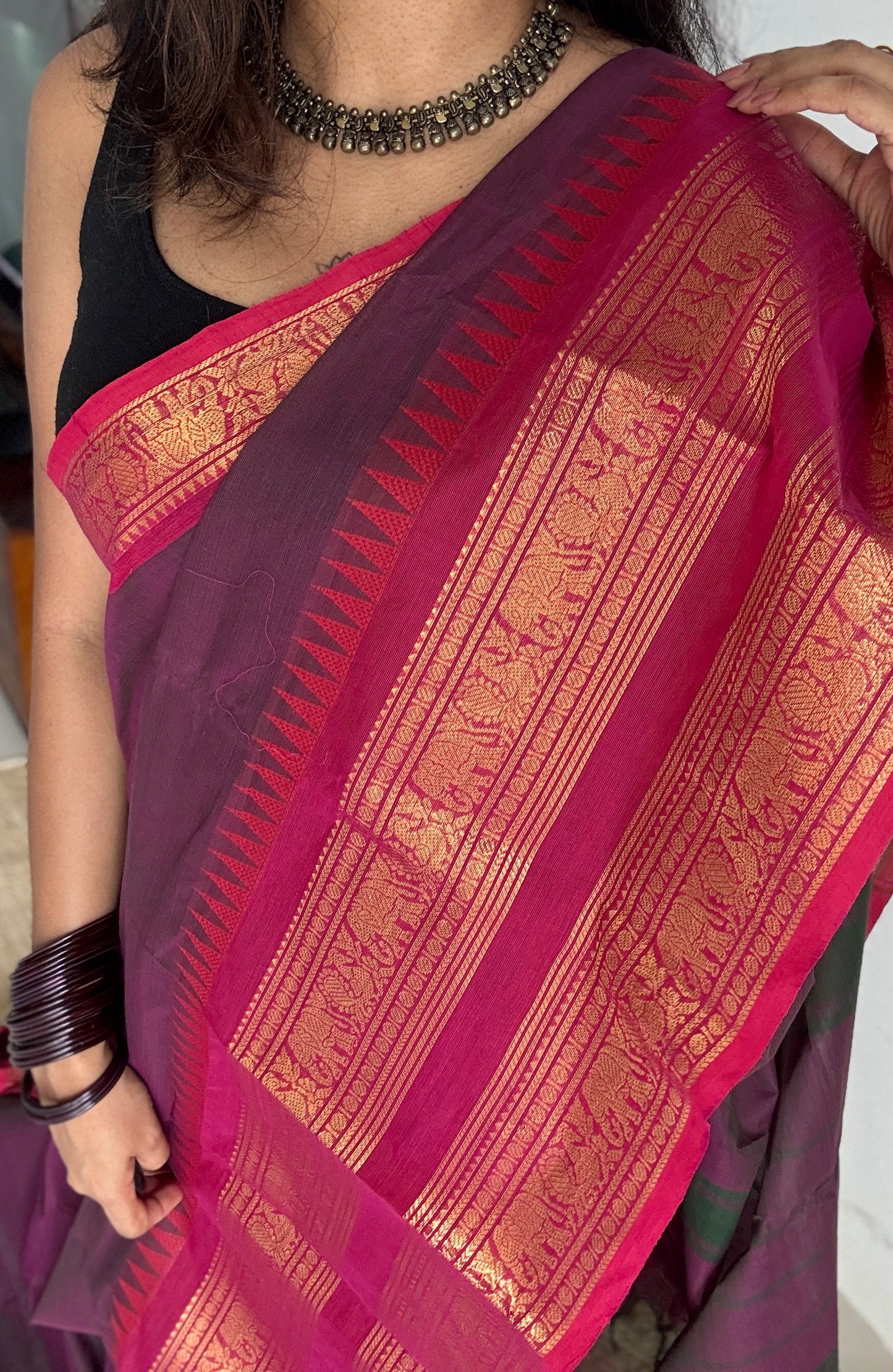 Grape Wine with Hot Pink Contrast - Chettinad Cotton