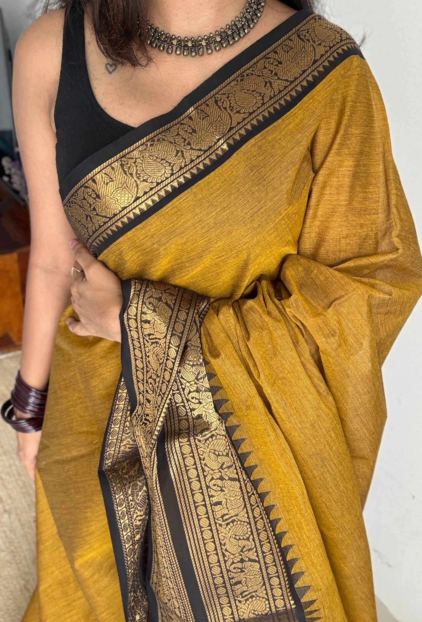 Burnt Yellow with Black Contrast Border - Chettinad Cotton