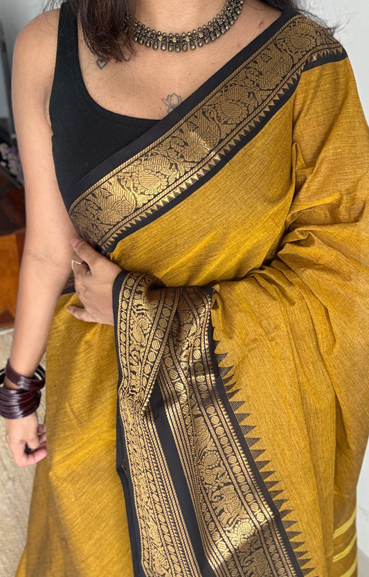 Burnt Yellow with Black Contrast Border - Chettinad Cotton
