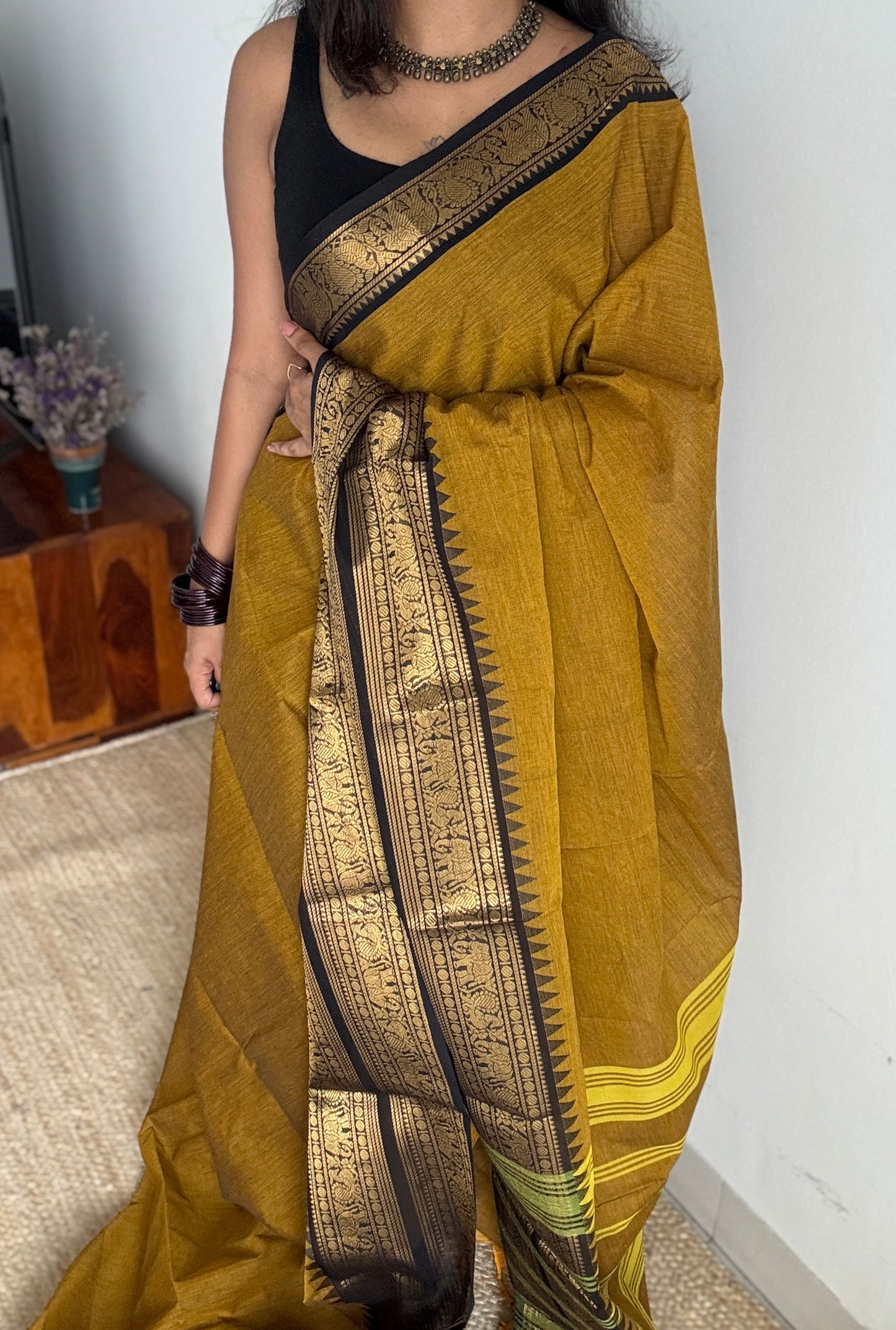 Burnt Yellow with Black Contrast Border - Chettinad Cotton