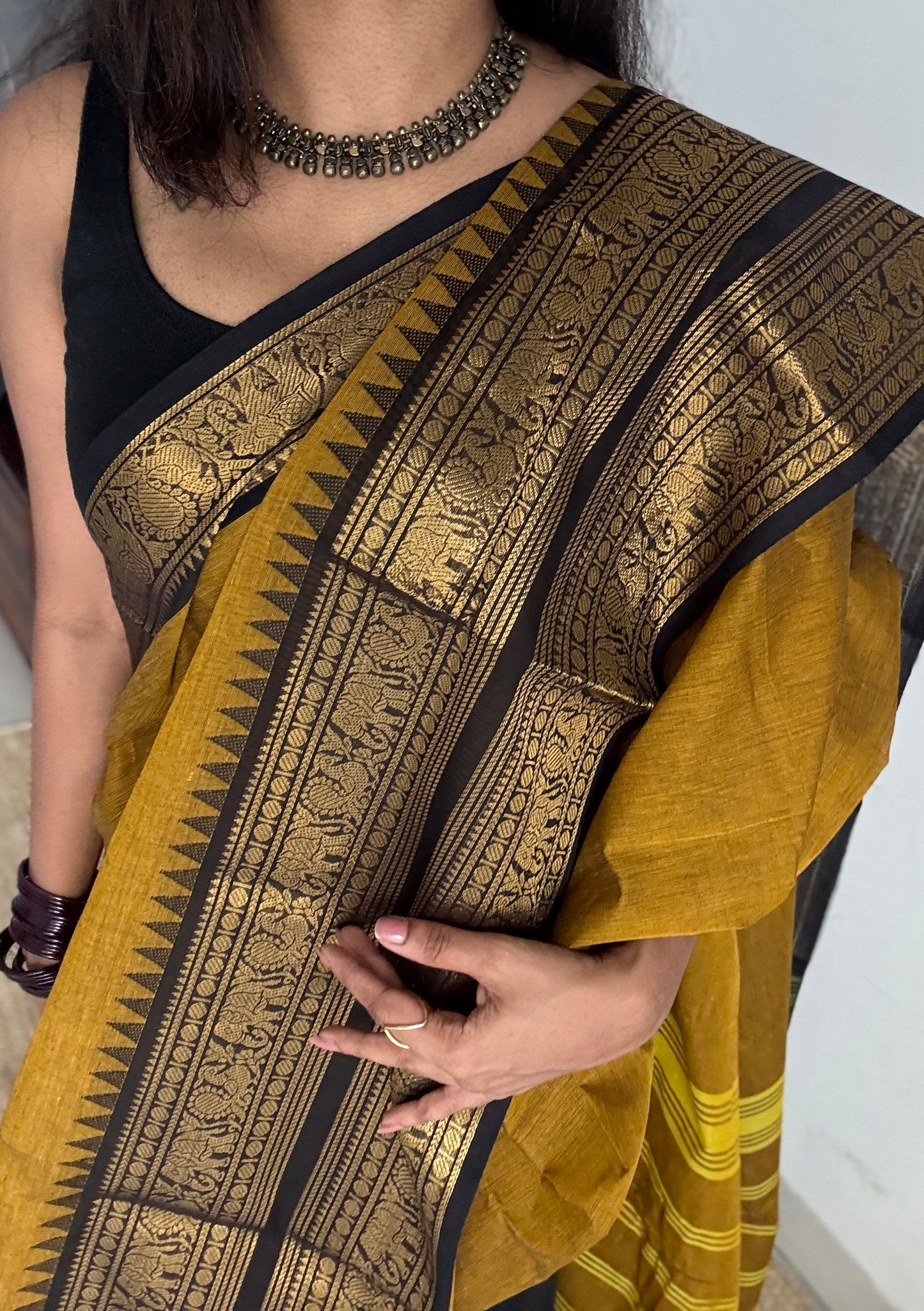 Burnt Yellow with Black Contrast Border - Chettinad Cotton