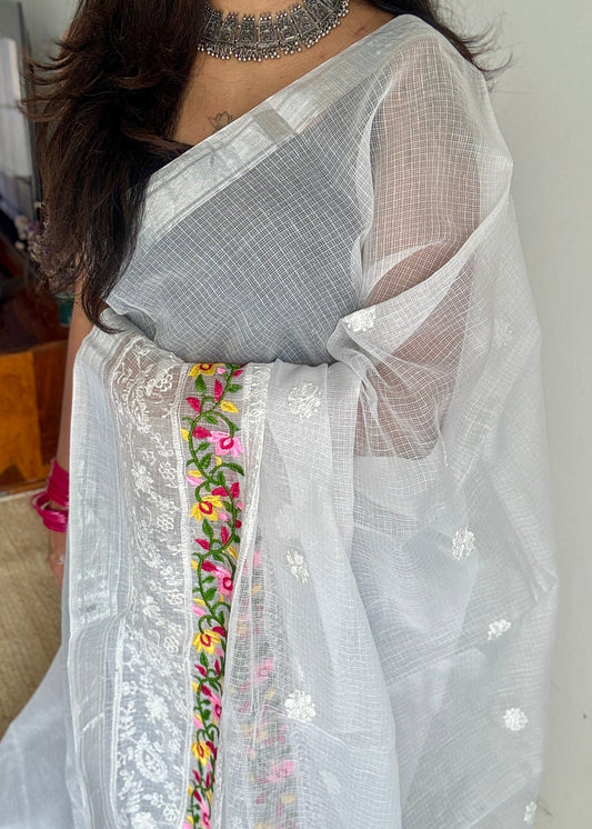 Nivrita - White with Floral and Thread Embroidery, Kota Doria - YCTORKE01