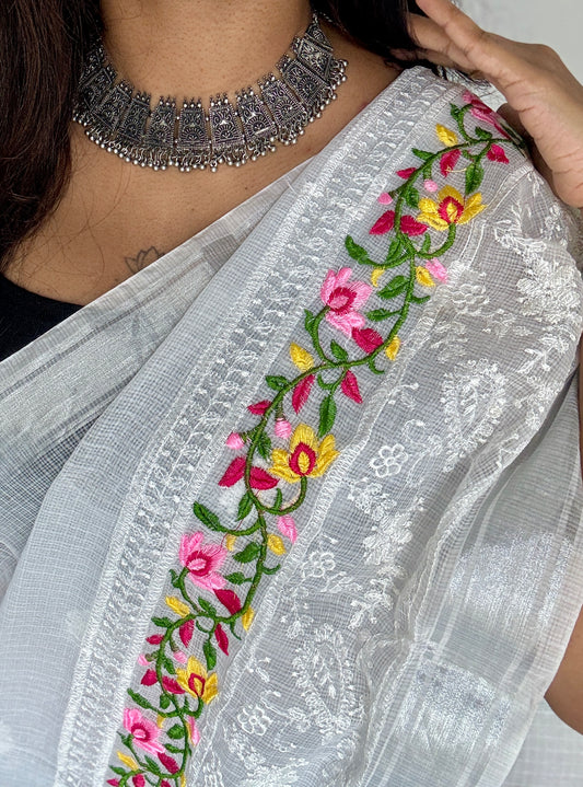 Nivrita - White with Floral and Thread Embroidery, Kota Doria