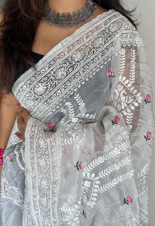Lotus Mist - Pure White with Embroidery, Silk Organza