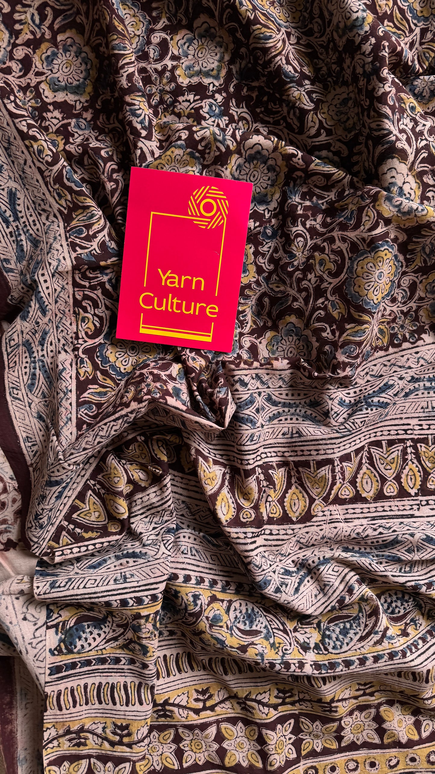 Dark maroon kalamkari, yellow blue floral vines, floral motif pallu YCWOTDKBP03