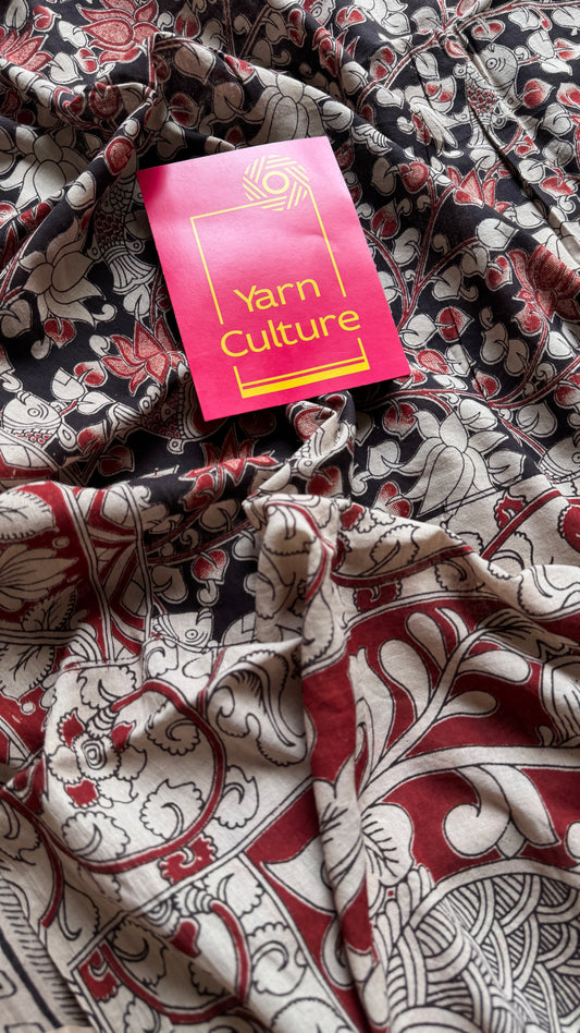 Black kalamkari, red and cream floral vines, soft cotton