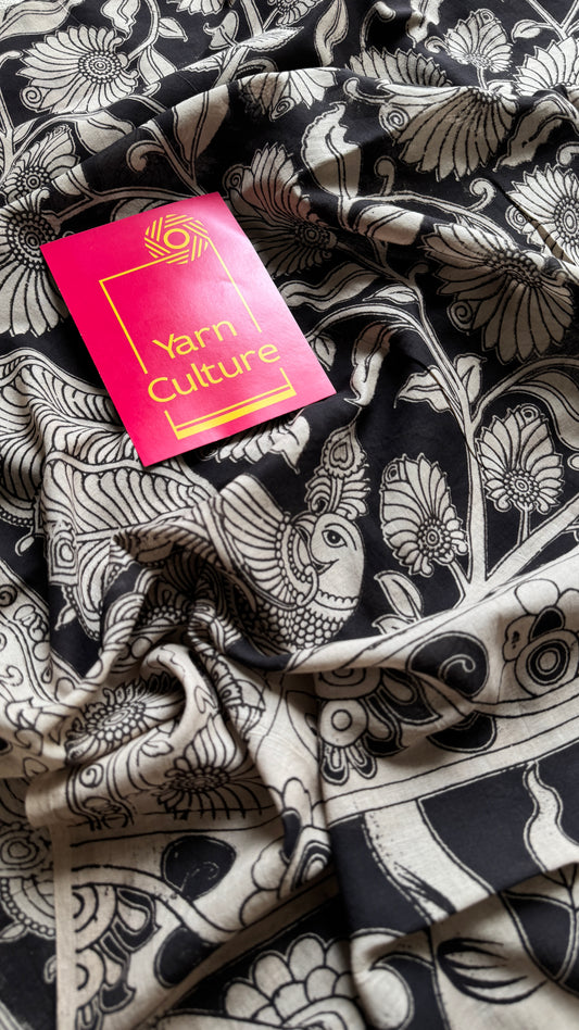 Black kalamkari, cream floral vines, soft cotton