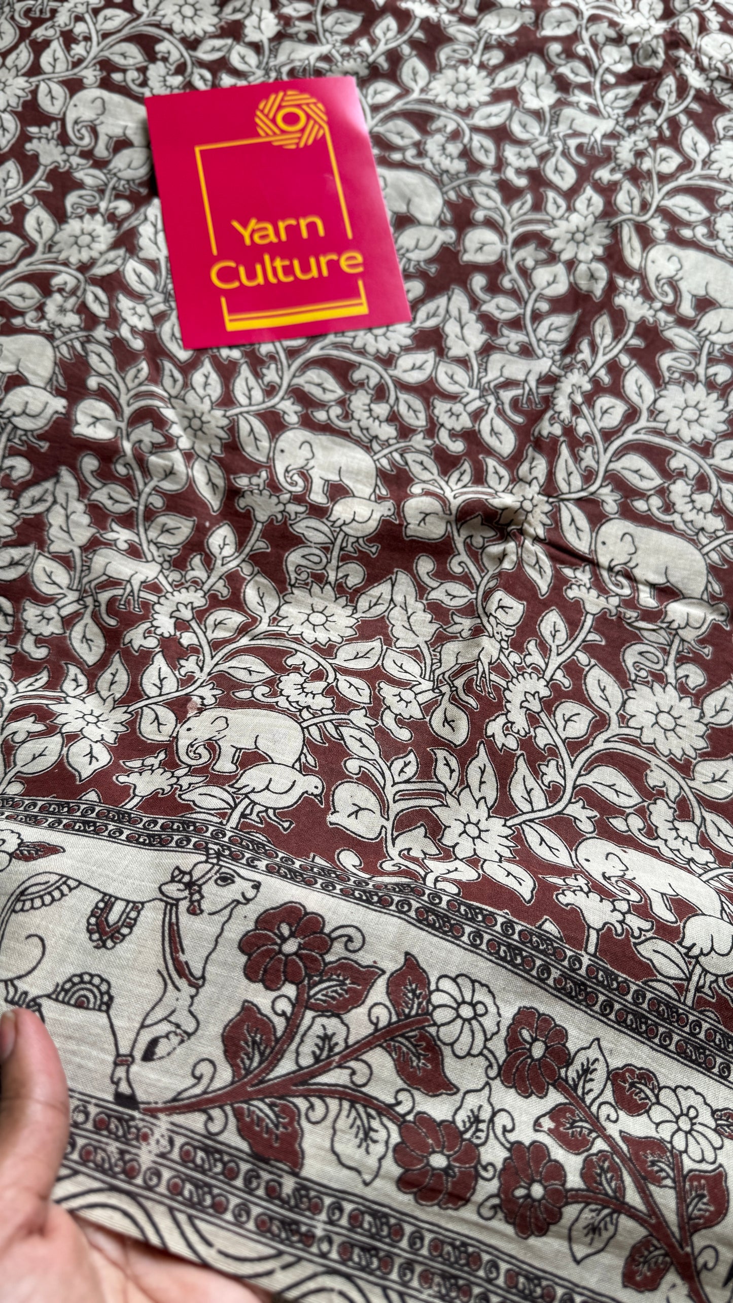 Brown kalamkari, cream floral vines, animal motifs, soft cotton YCWOTDK05