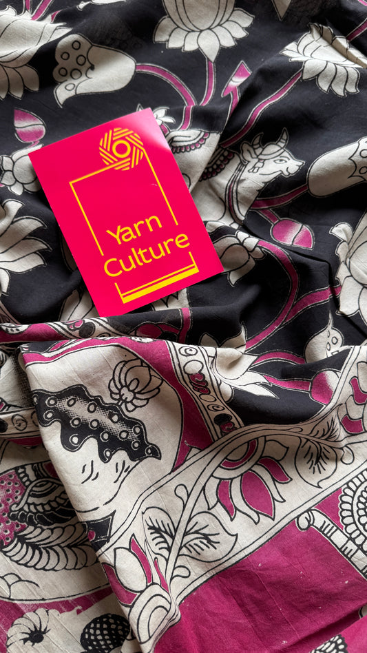 Black kalamkari, cream and pink floral vines, animal motifs, soft cotton