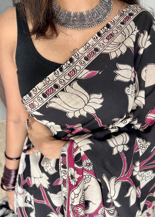 Black kalamkari, cream and pink floral vines, animal motifs, soft cotton