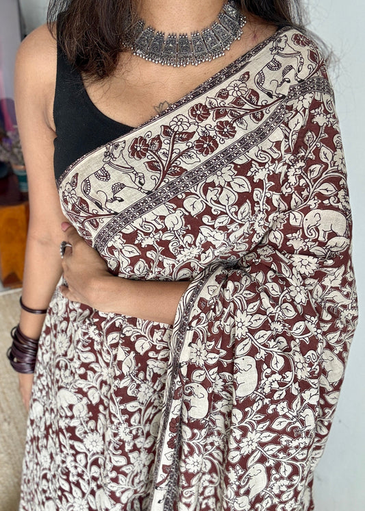 Brown kalamkari, cream floral vines, animal motifs, soft cotton YCWOTDK05