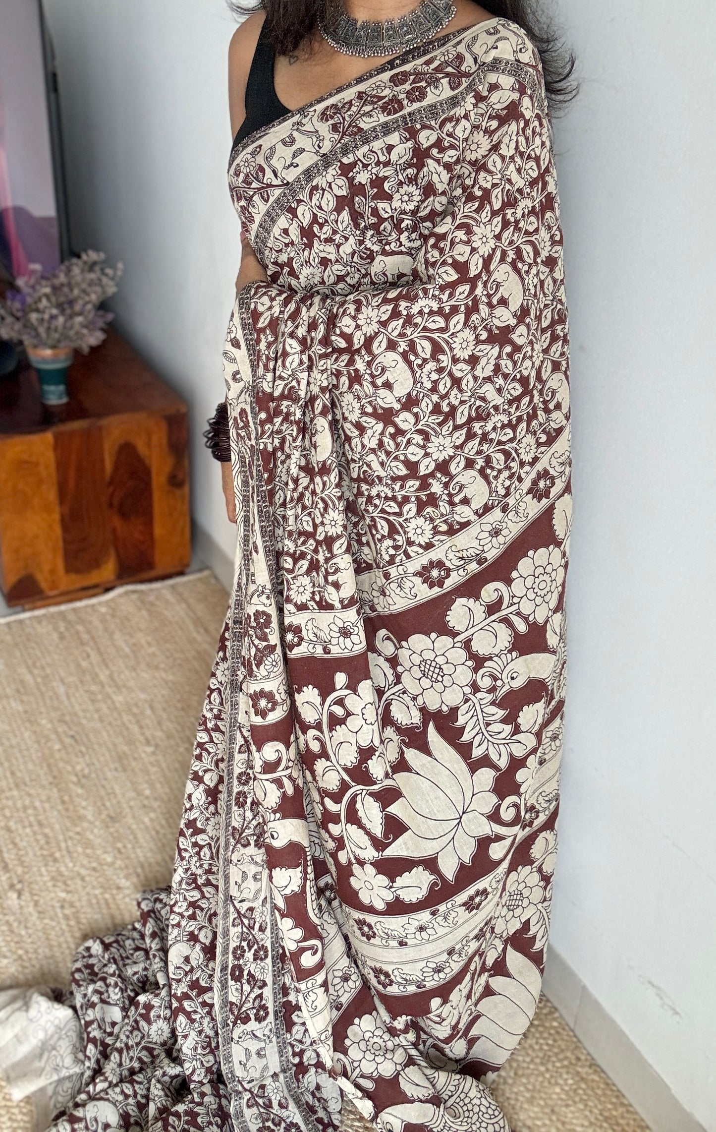 Brown kalamkari, cream floral vines, animal motifs, soft cotton YCWOTDK05