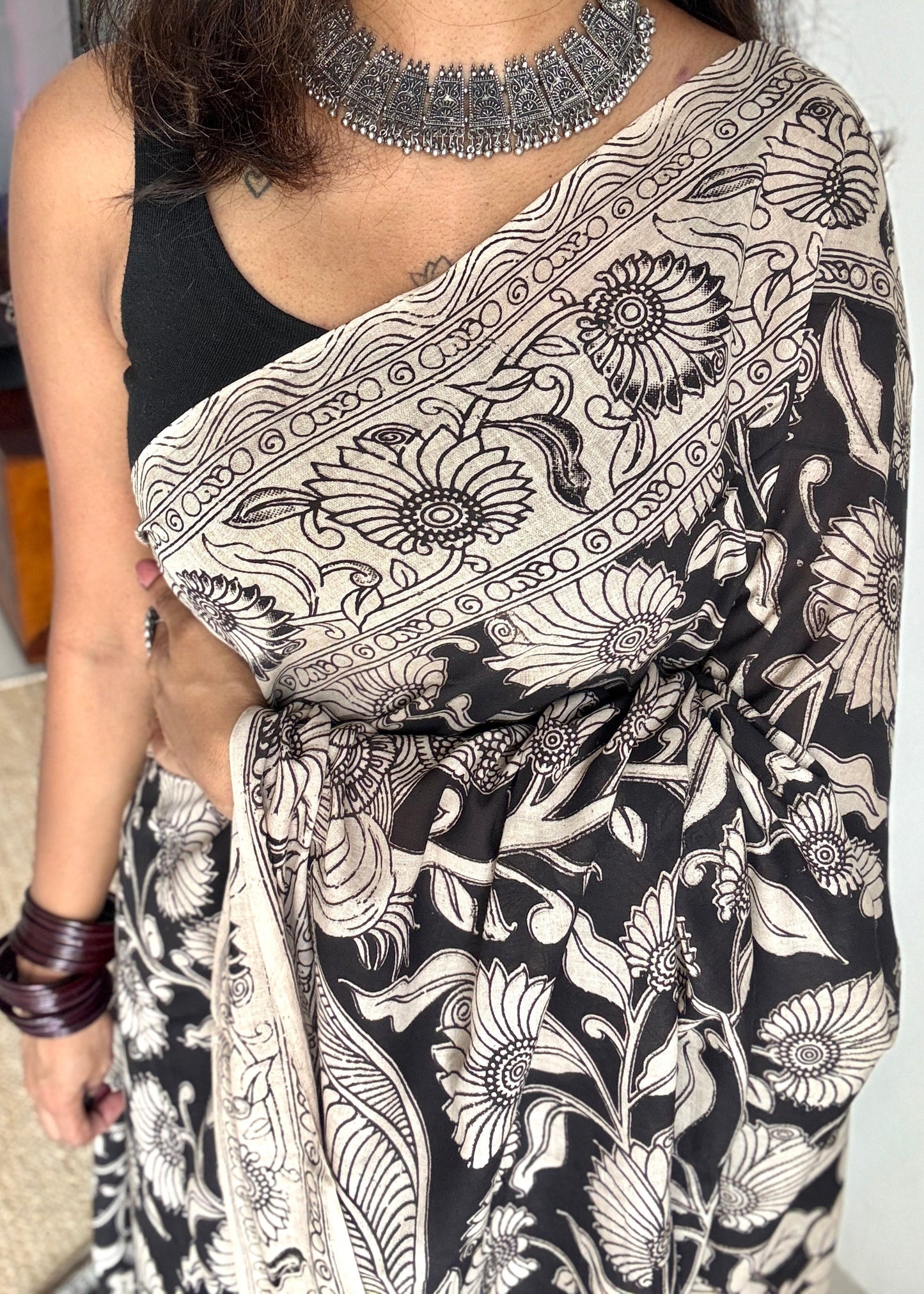 Black kalamkari, cream floral vines, soft cotton