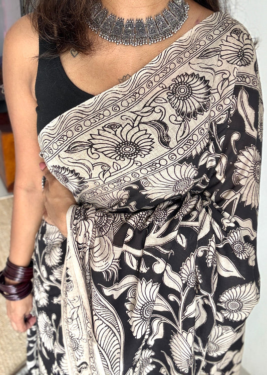 Black kalamkari, cream floral vines, soft cotton