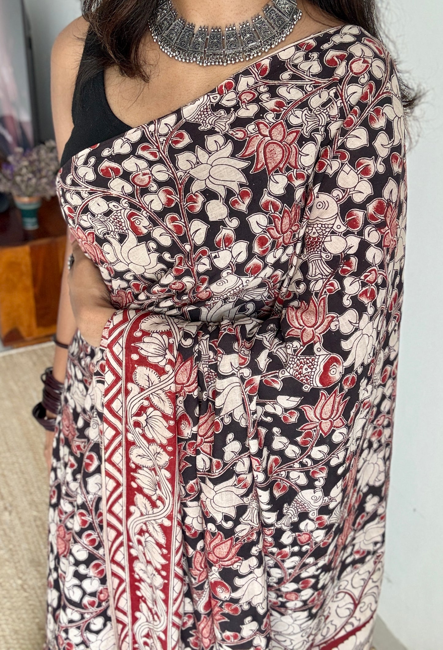 Black kalamkari, red and cream floral vines, soft cotton