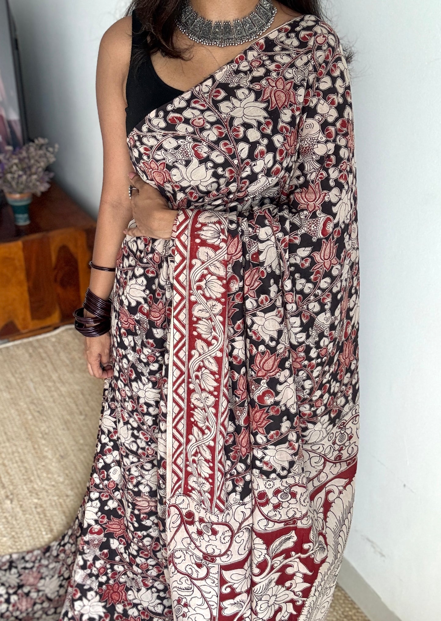 Black kalamkari, red and cream floral vines, soft cotton