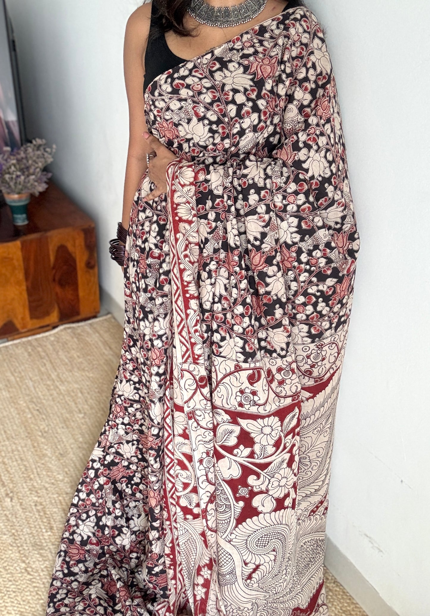 Black kalamkari, red and cream floral vines, soft cotton