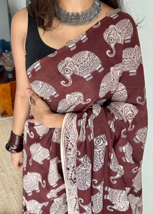 Brown kalamkari, elephant prints, soft cotton