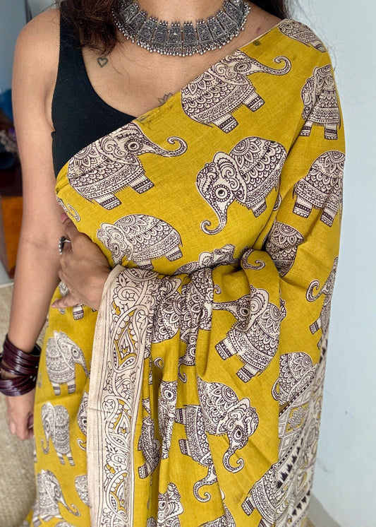 Mustard yellow kalamkari, elephant prints, soft cotton