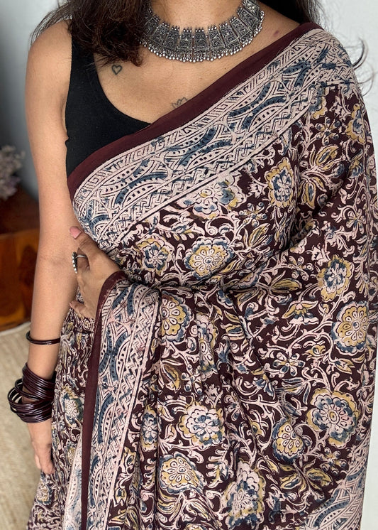 Dark maroon kalamkari, yellow blue floral vines, floral motif pallu YCWOTDKBP03