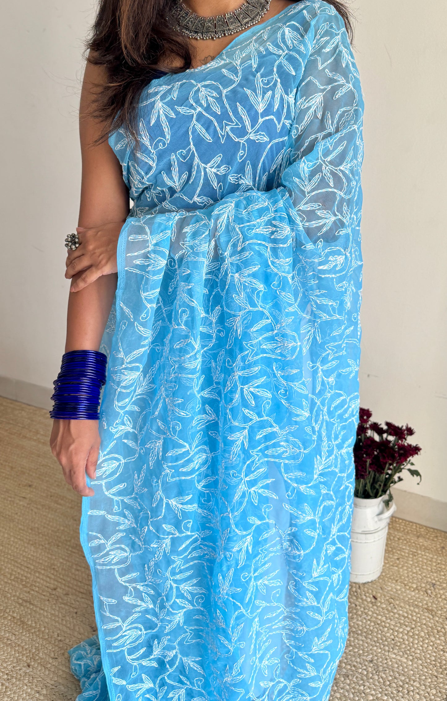 Dariya-e-Noor (ocean of light) – Water Blue Chikankari, georgette