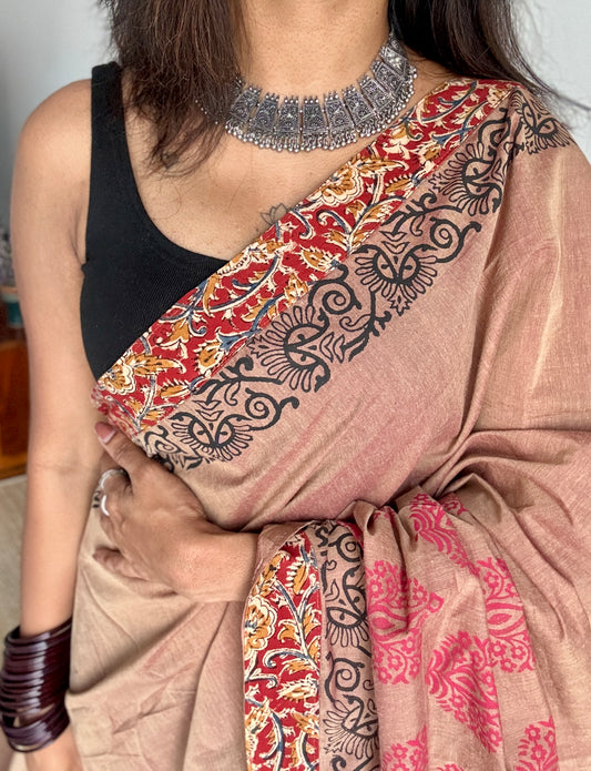 Light Brown double tone with Kalamkari patch work - Soft Cotton