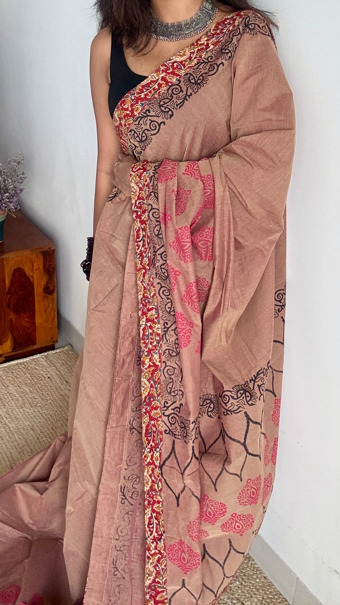 Light Brown double tone with Kalamkari patch work - Soft Cotton