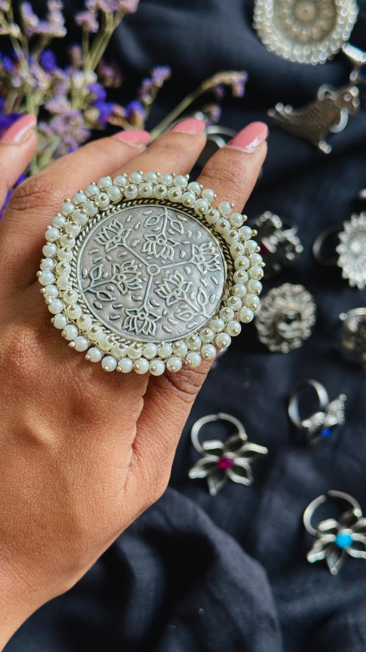 Antique Bloom - Adjustable Round Lotus Ring, Pearl Beaded 2- YCOSFR124