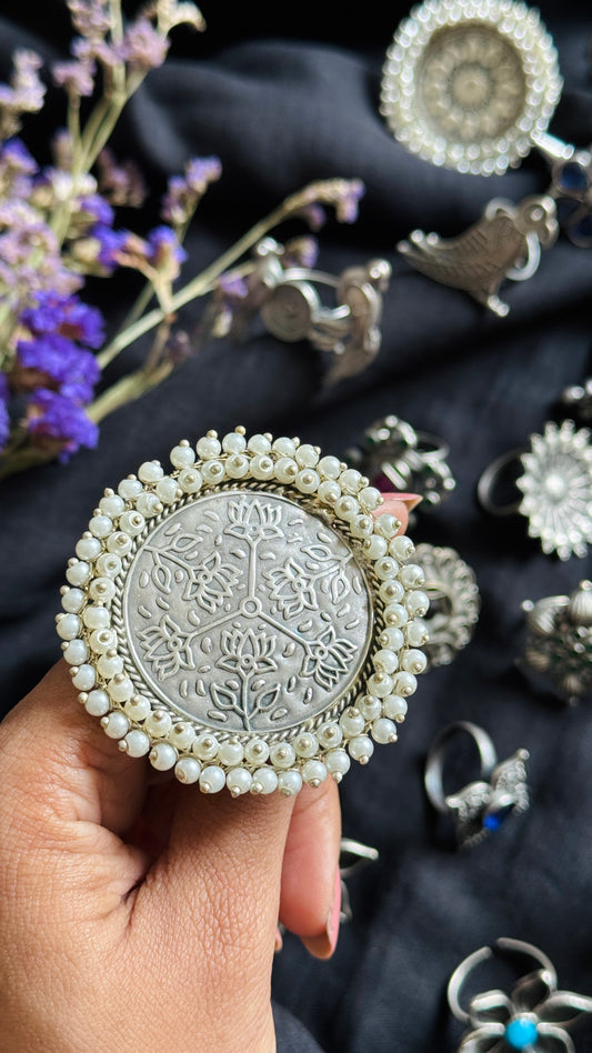 Antique Bloom - Adjustable Round Lotus Ring, Pearl Beaded 2- YCOSFR124