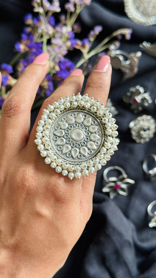Antique Bloom - Adjustable Round Lotus Ring, Pearl Beaded 3 - YCOSFR125