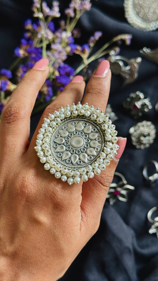 Antique Bloom - Adjustable Round Lotus Ring, Pearl Beaded 3 - YCOSFR125