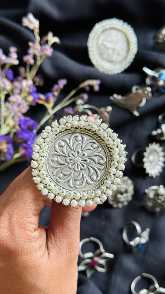 Antique Bloom - Adjustable Round Lotus Ring, Pearl Beaded 4 - YCOSFR123