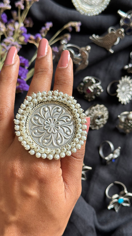 Antique Bloom - Adjustable Round Lotus Ring, Pearl Beaded 4 - YCOSFR123