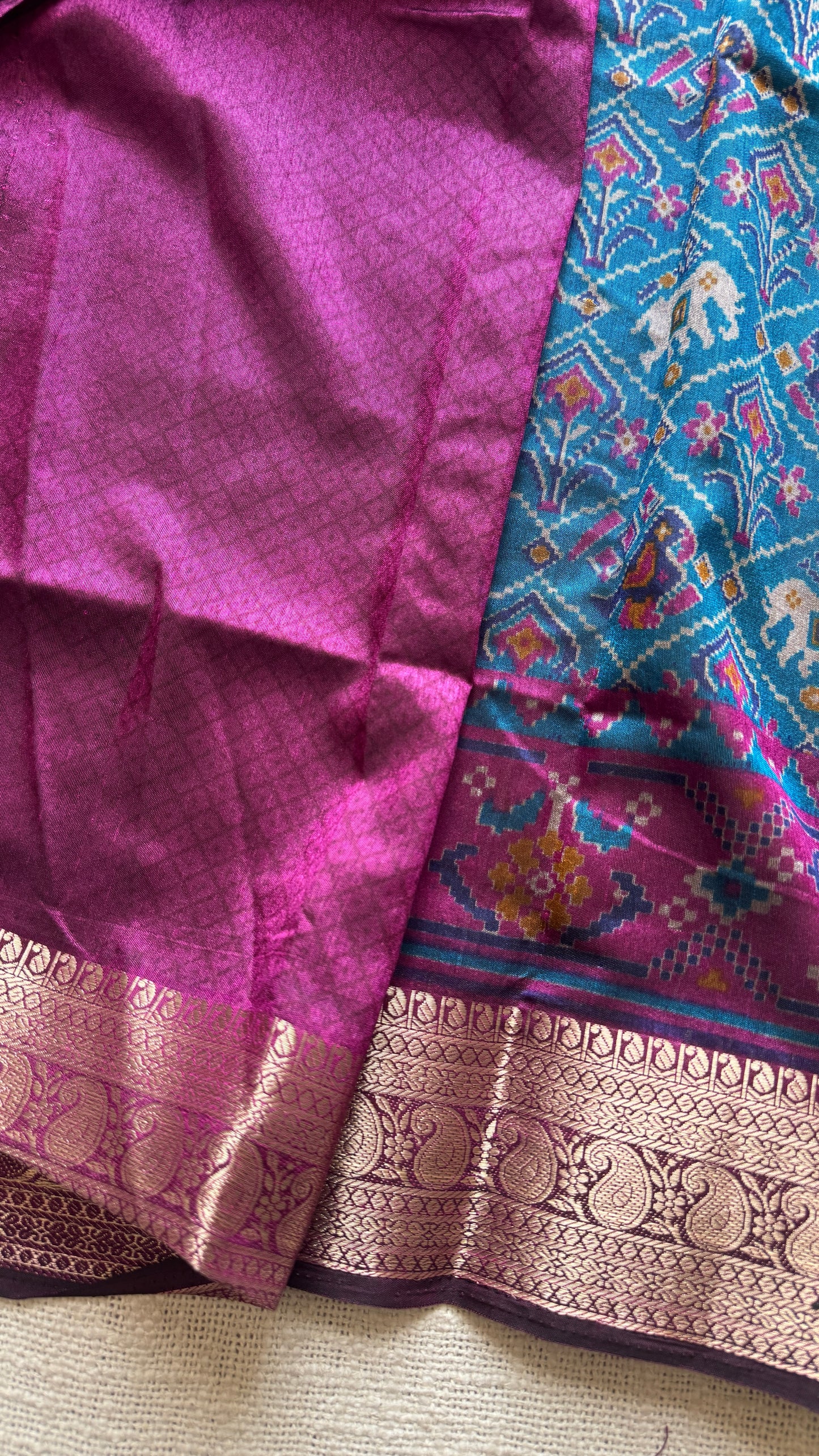 Peacock blue with wine in patola pattern - dola silk