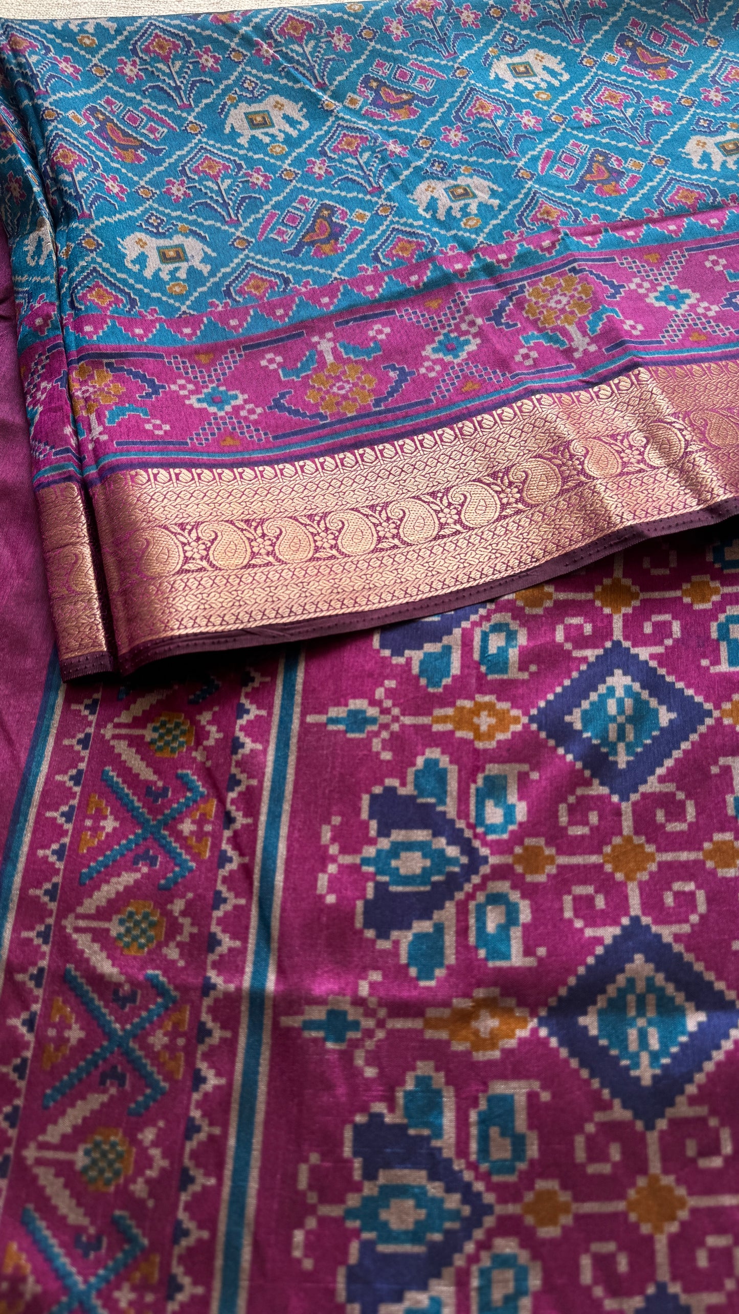 Peacock blue with wine in patola pattern - dola silk