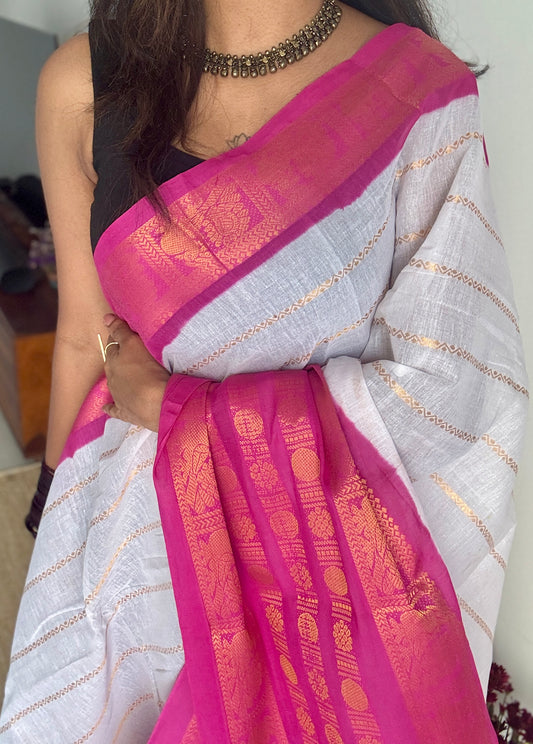 White and hot pink sungudi with rettai pettu wide border